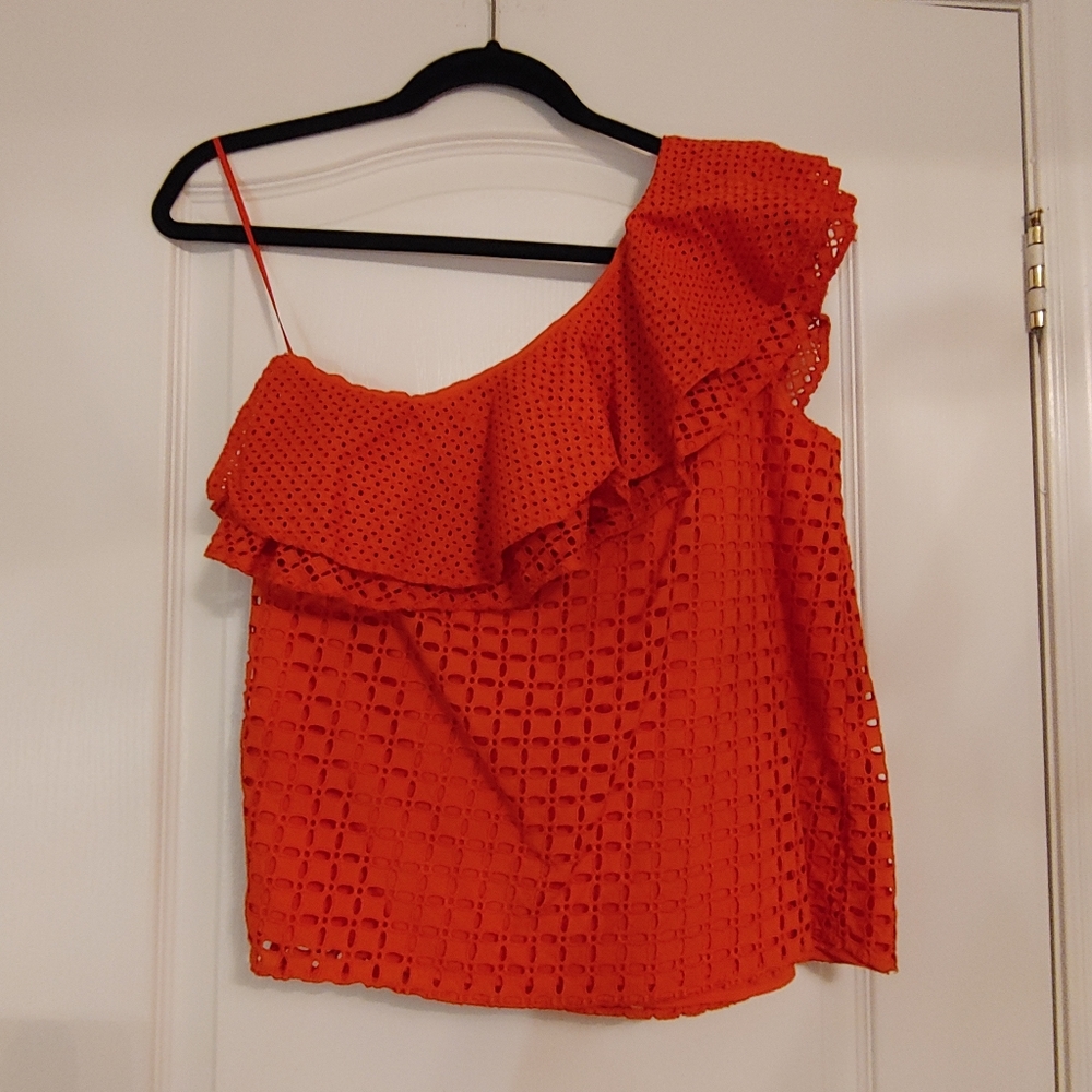J.Crew Red One Shoulder Ruffle Eyelet Top - Picture 4 of 9